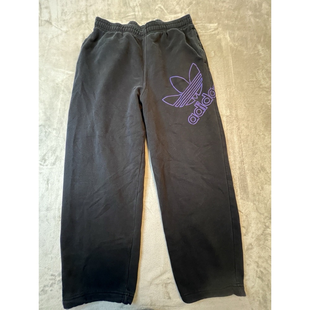 Adidas Originals Womens Sweatpants L Black Purple Trefoil Fleece Wide Leg